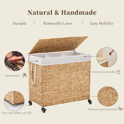 3-Section Laundry Hamper with Lid, Large Capacity Woven Natural Water Hyacinth Laundry Sorter with Removable Liners, Rolling or Non-Slip Design for Bedroom (Espresso, 155L)