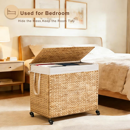 3-Section Laundry Hamper with Lid, Large Capacity Woven Natural Water Hyacinth Laundry Sorter with Removable Liners, Rolling or Non-Slip Design for Bedroom (Espresso, 155L)