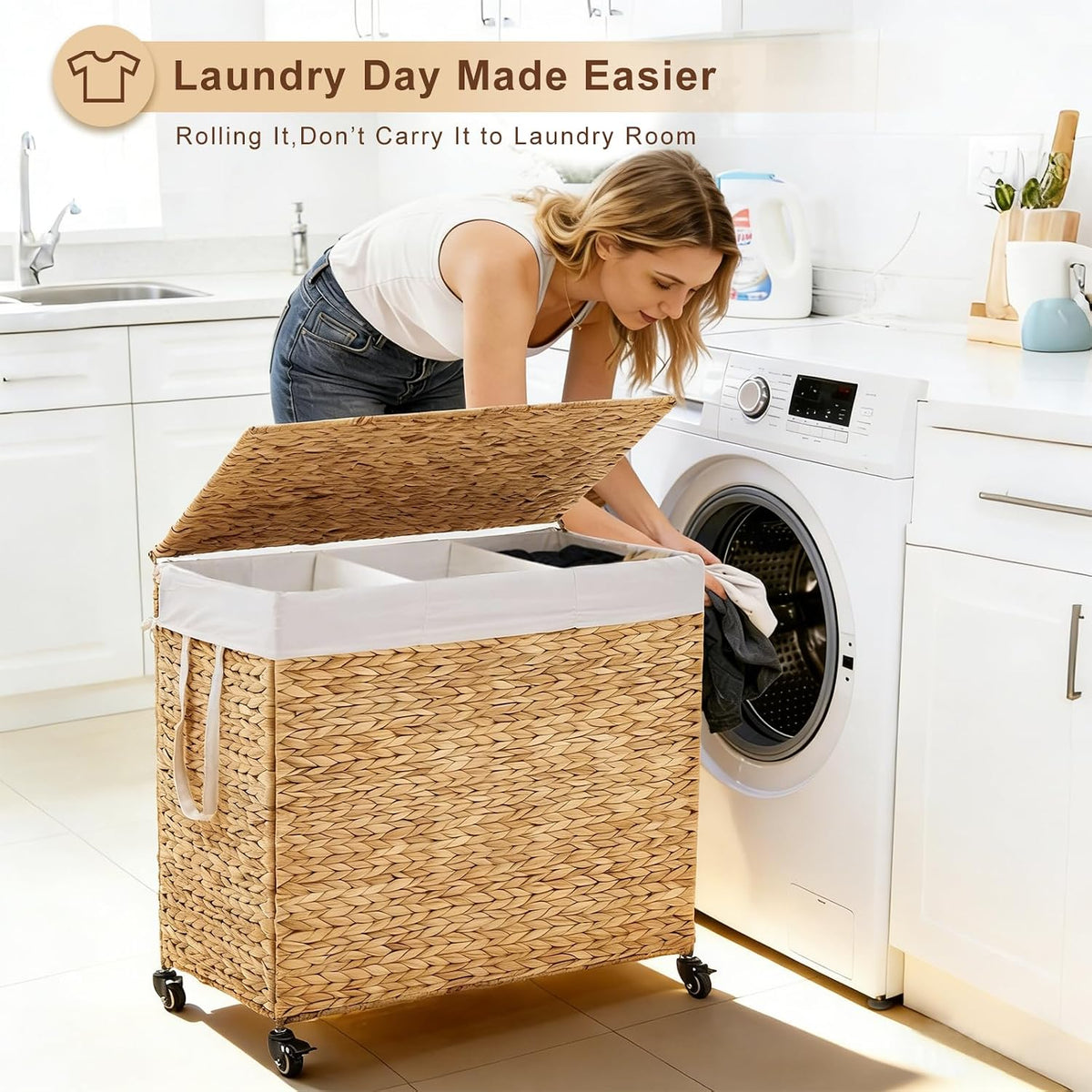 3-Section Laundry Hamper with Lid, Large Capacity Woven Natural Water Hyacinth Laundry Sorter with Removable Liners, Rolling or Non-Slip Design for Bedroom (Espresso, 155L)