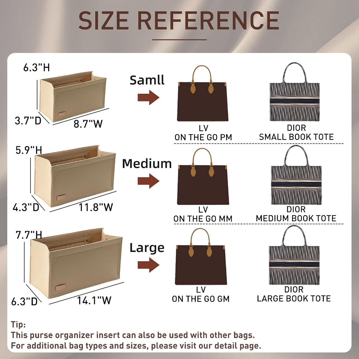 Purse Organizer Insert for LV On The Go GM Dior Large Book Tote,Gray