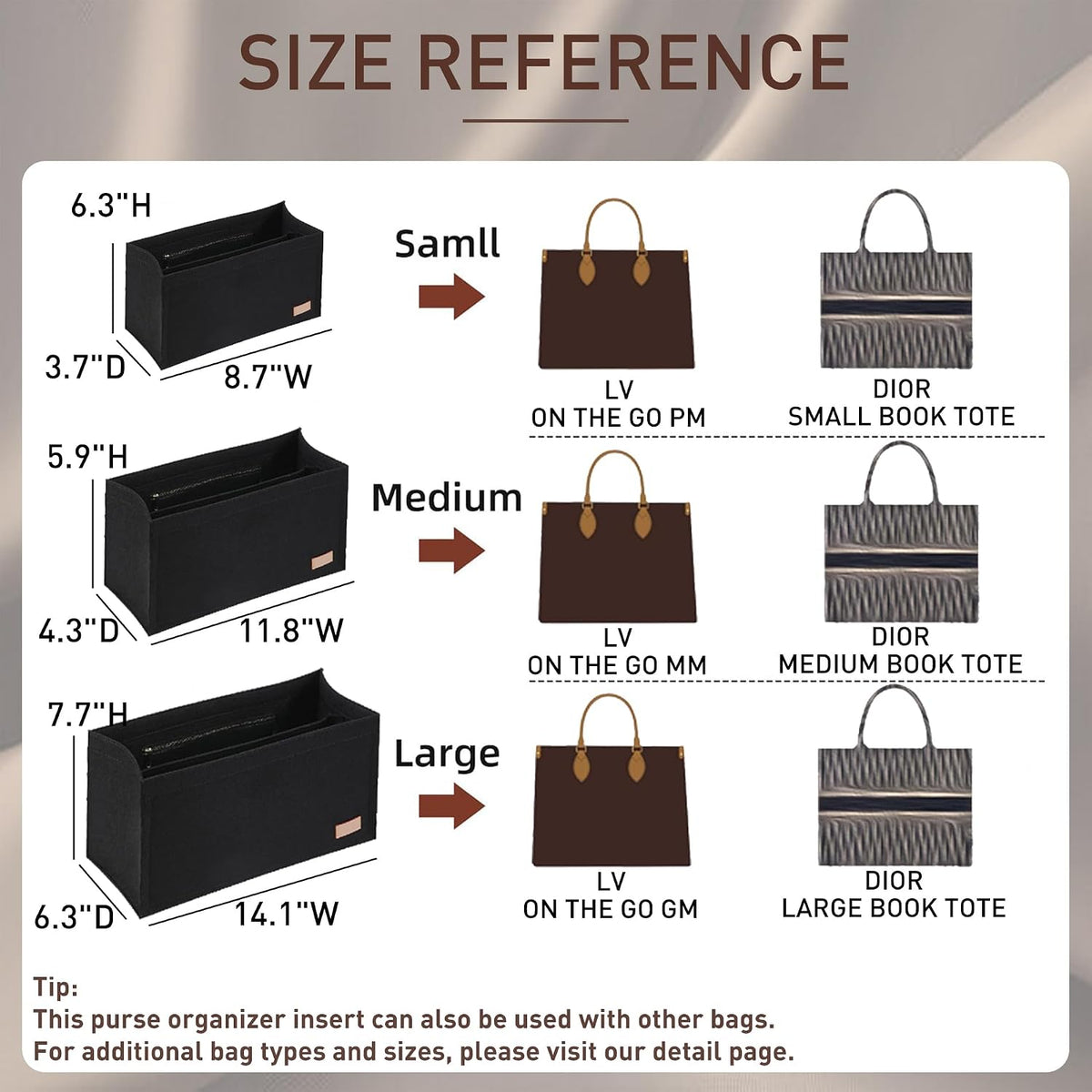 Purse Organizer Insert for LV On The Go GM Dior Large Book Tote,Gray