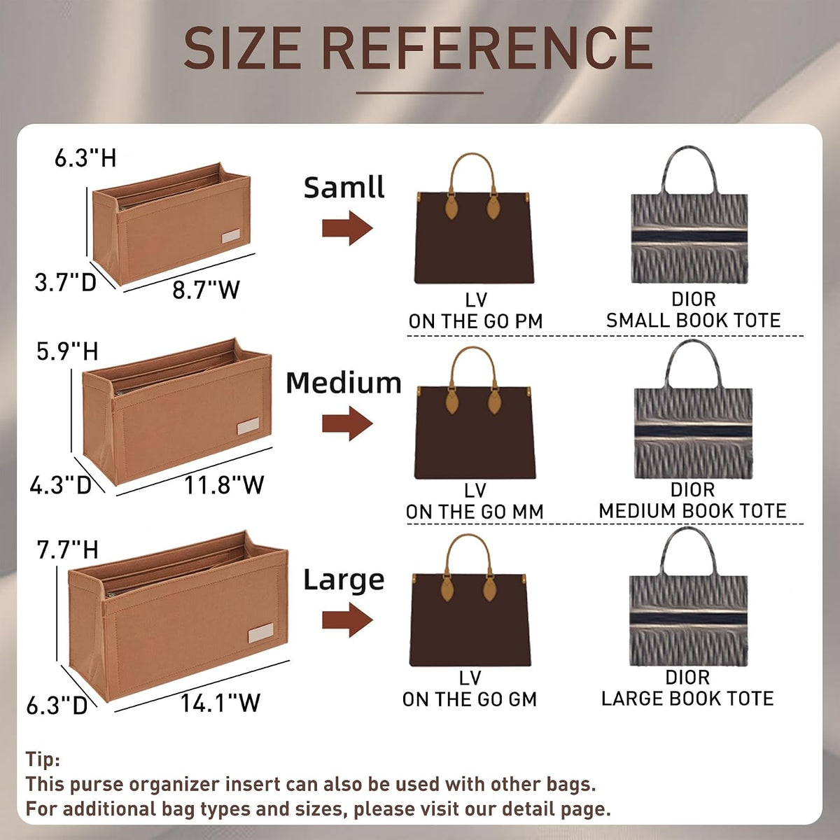 Purse Organizer Insert for LV On The Go GM Dior Large Book Tote,Gray