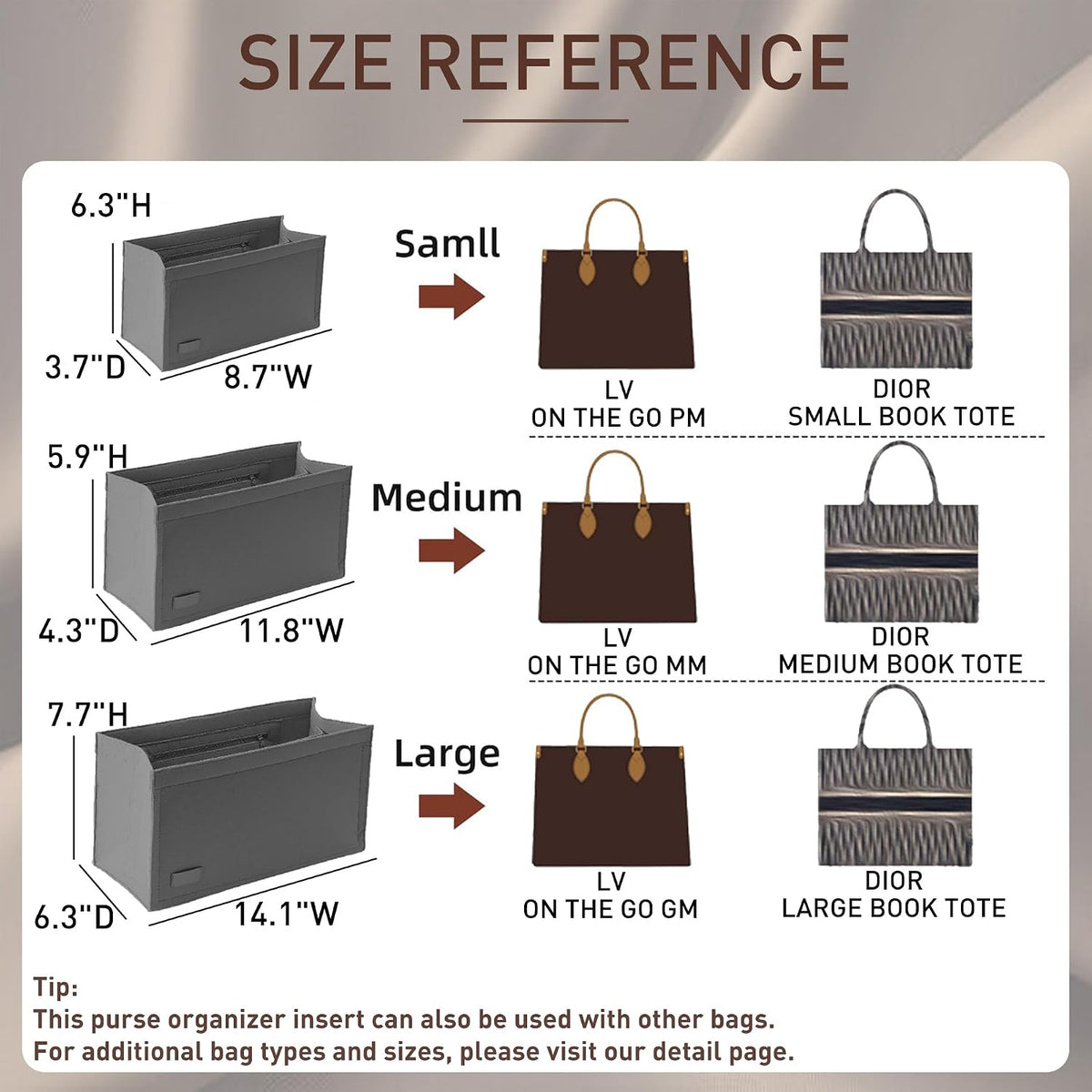 Purse Organizer Insert for LV On The Go GM Dior Large Book Tote,Gray
