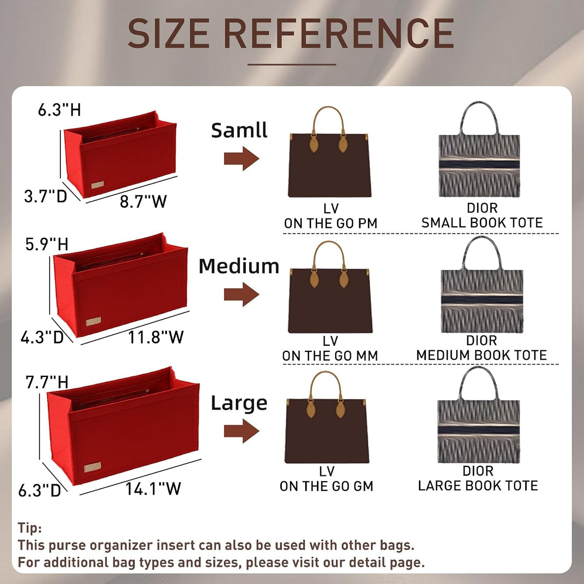 Purse Organizer Insert for LV On The Go GM Dior Large Book Tote,Gray