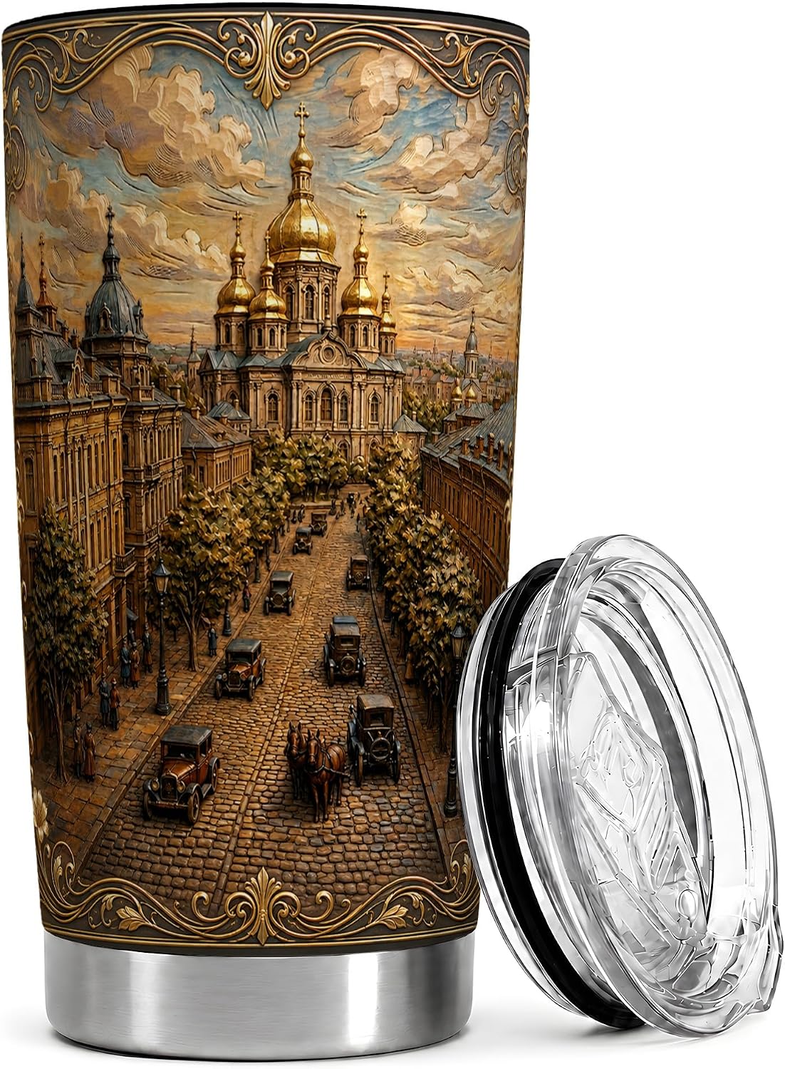 Ornate City Street Tumbler, Golden Dome Tumbler 20 Oz, Stainless Steel, Ornate City Scene Art For Coffee, Tea Or Iced Drinks At Office Or Travel