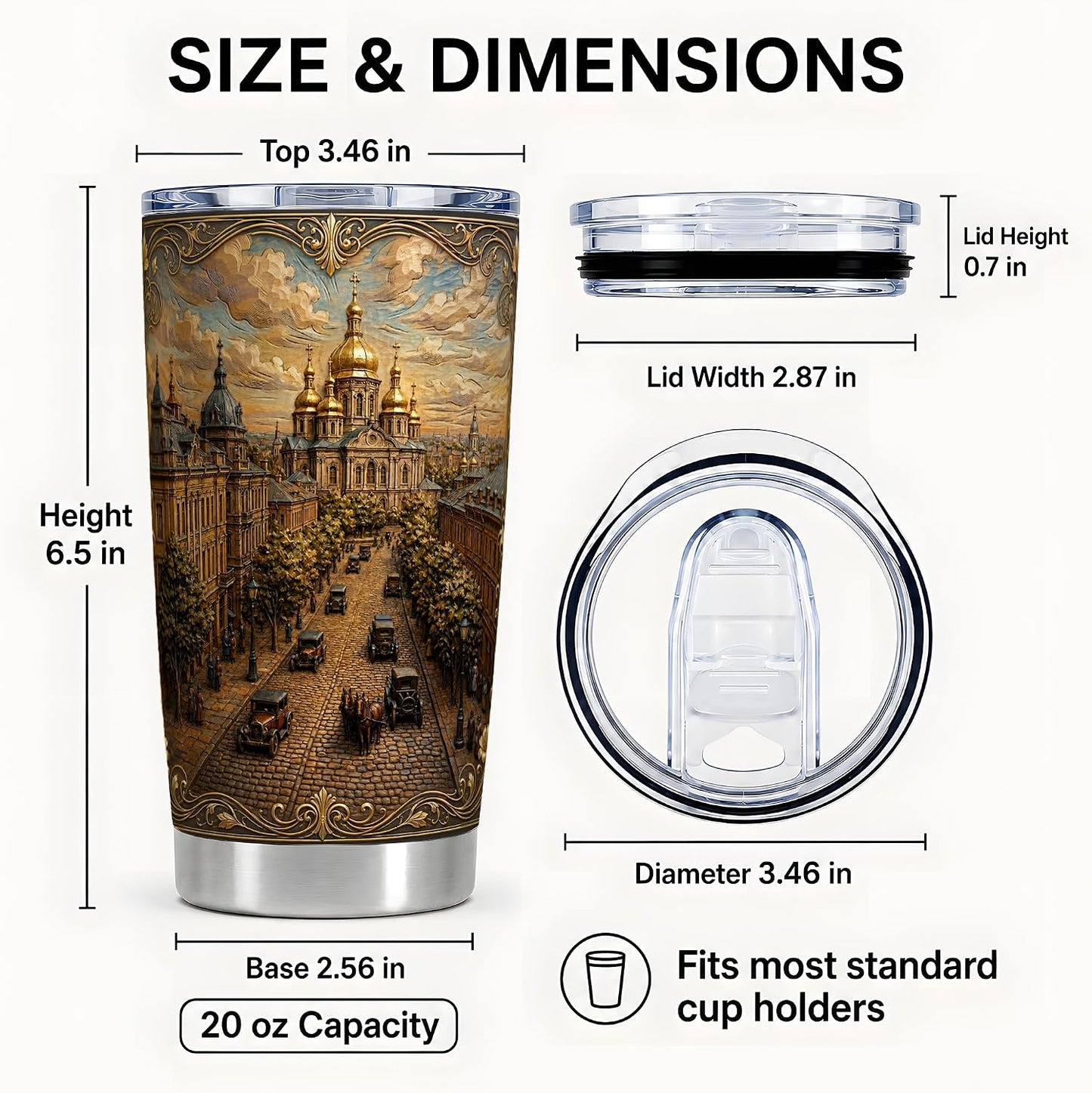 Ornate City Street Tumbler, Golden Dome Tumbler 20 Oz, Stainless Steel, Ornate City Scene Art For Coffee, Tea Or Iced Drinks At Office Or Travel
