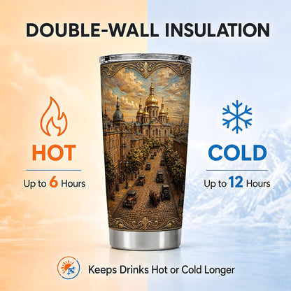 Ornate City Street Tumbler, Golden Dome Tumbler 20 Oz, Stainless Steel, Ornate City Scene Art For Coffee, Tea Or Iced Drinks At Office Or Travel