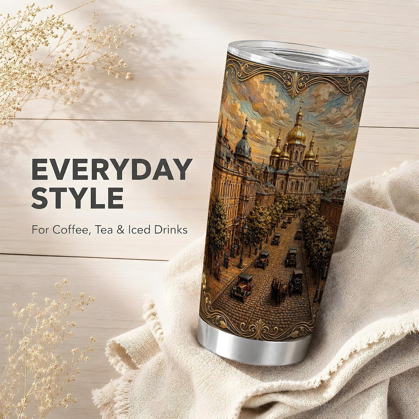 Ornate City Street Tumbler, Golden Dome Tumbler 20 Oz, Stainless Steel, Ornate City Scene Art For Coffee, Tea Or Iced Drinks At Office Or Travel