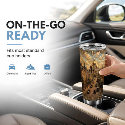 Ornate City Street Tumbler, Golden Dome Tumbler 20 Oz, Stainless Steel, Ornate City Scene Art For Coffee, Tea Or Iced Drinks At Office Or Travel