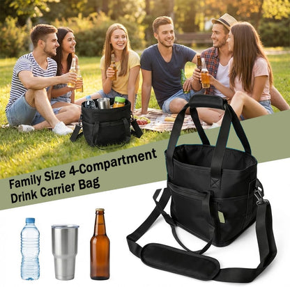 Family Size 4-Compartment Drink Carrier Bag for Coffee Cups & Tumblers, No-Spill Collapsible Beverage Caddy with Adjustable Dividers & Shoulder Strap, Insulated Cooler Tote for Car (Pink-White)