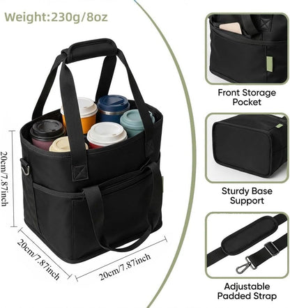 Family Size 4-Compartment Drink Carrier Bag for Coffee Cups & Tumblers, No-Spill Collapsible Beverage Caddy with Adjustable Dividers & Shoulder Strap, Insulated Cooler Tote for Car (Pink-White)