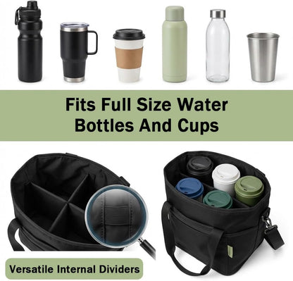 Family Size 4-Compartment Drink Carrier Bag for Coffee Cups & Tumblers, No-Spill Collapsible Beverage Caddy with Adjustable Dividers & Shoulder Strap, Insulated Cooler Tote for Car (Pink-White)