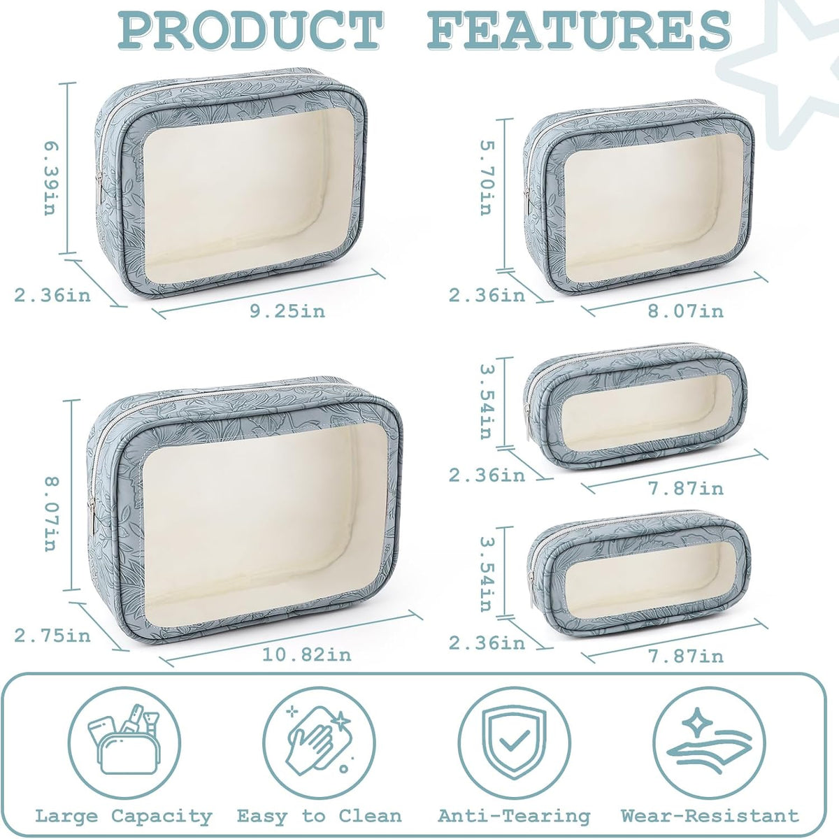 5PCS Diaper Bag Organizer Pouches Set, TSA Approved Travel Toiletry Bag For Women, Waterproof Clear Makeup Bag Set, Floral Small Makeup Bag Suitable For Women