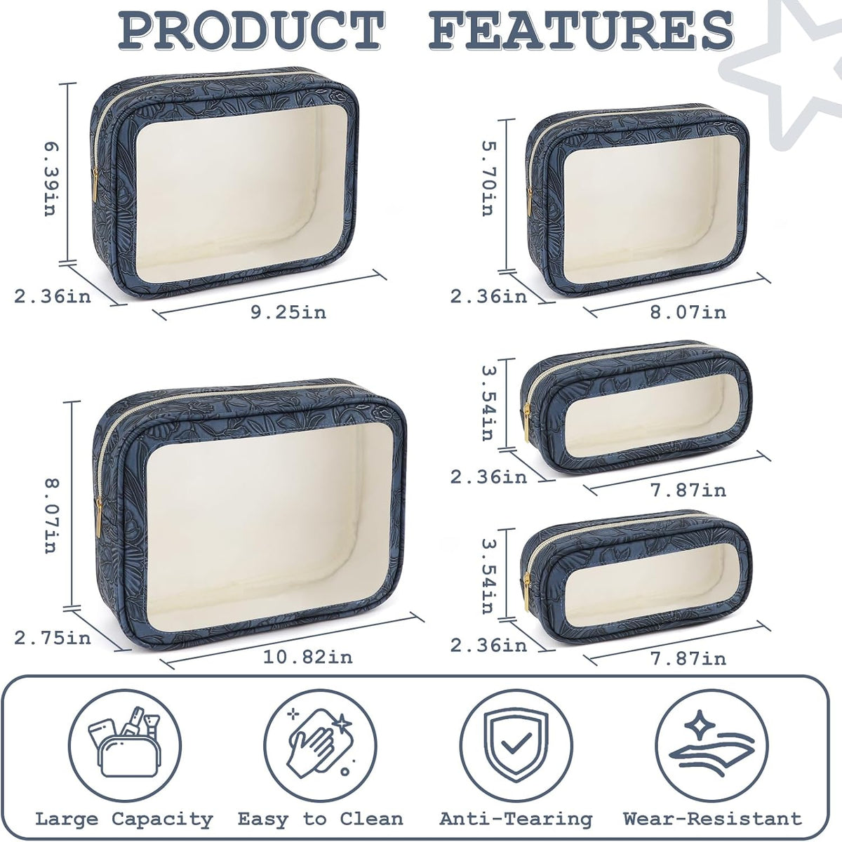 5PCS Diaper Bag Organizer Pouches Set, TSA Approved Travel Toiletry Bag For Women, Waterproof Clear Makeup Bag Set, Floral Small Makeup Bag Suitable For Women