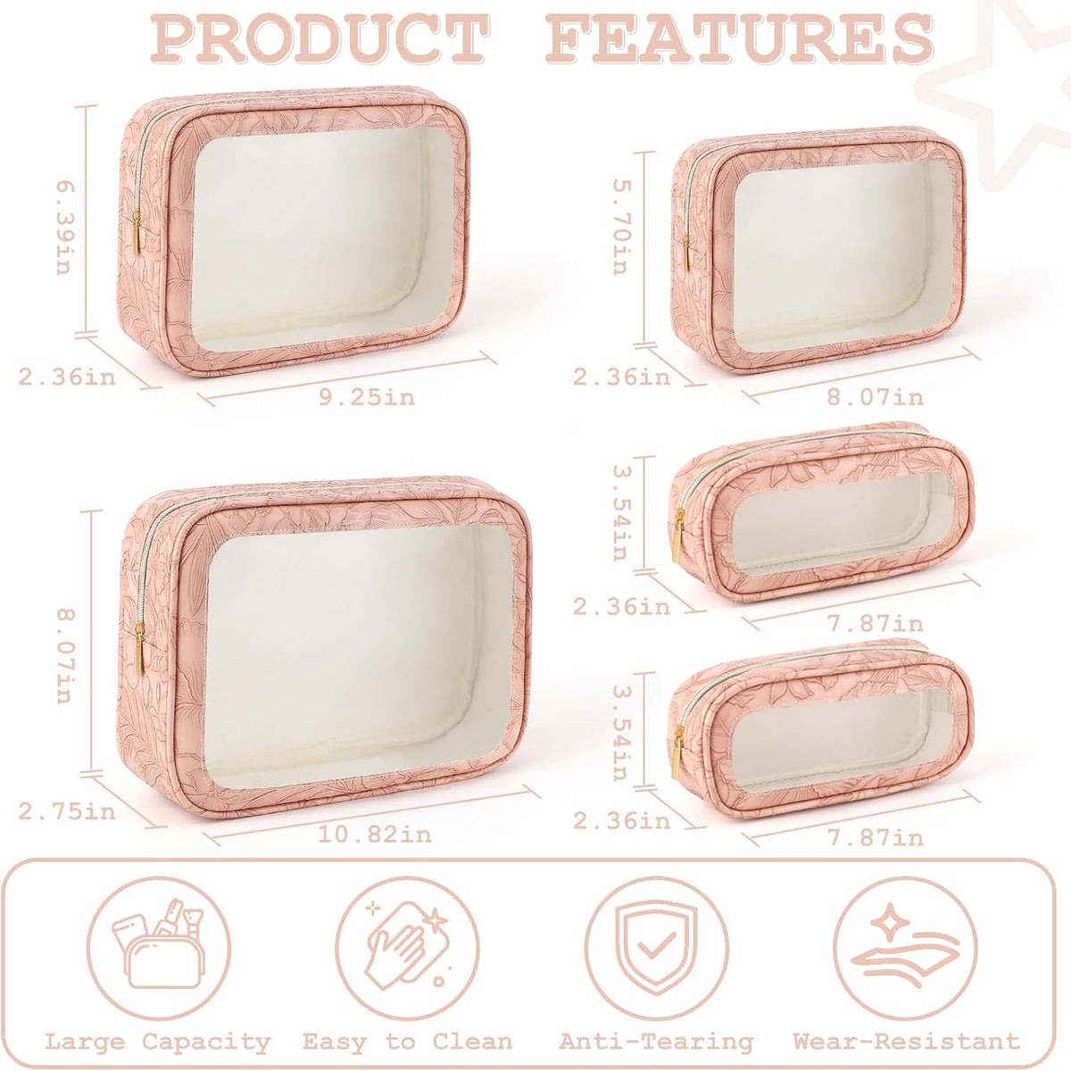 5PCS Diaper Bag Organizer Pouches Set, TSA Approved Travel Toiletry Bag For Women, Waterproof Clear Makeup Bag Set, Floral Small Makeup Bag Suitable For Women