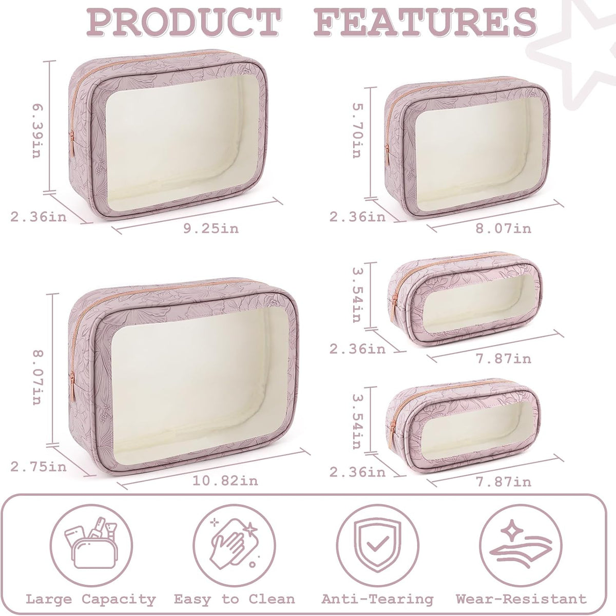 5PCS Diaper Bag Organizer Pouches Set, TSA Approved Travel Toiletry Bag For Women, Waterproof Clear Makeup Bag Set, Floral Small Makeup Bag Suitable For Women