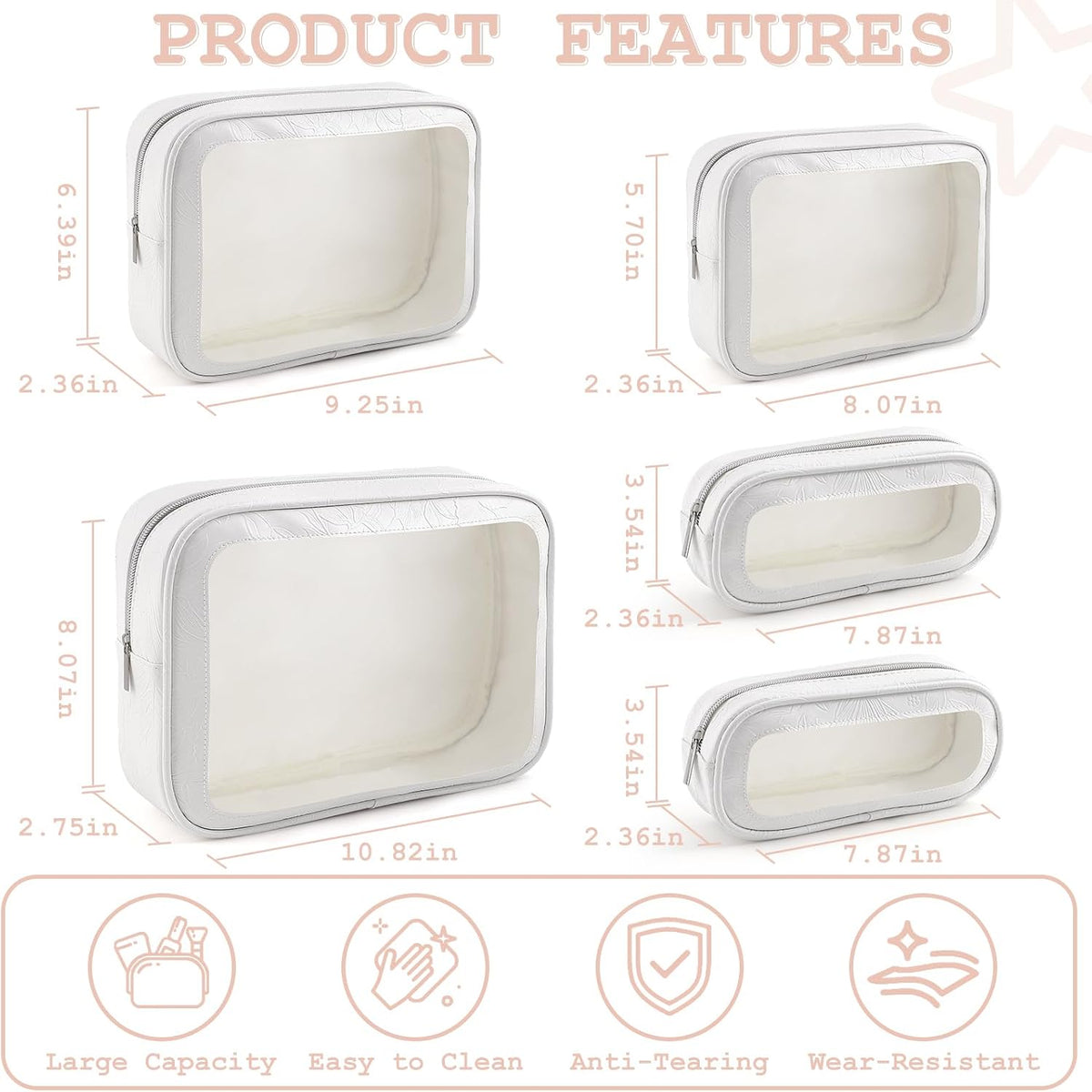 5PCS Diaper Bag Organizer Pouches Set, TSA Approved Travel Toiletry Bag For Women, Waterproof Clear Makeup Bag Set, Floral Small Makeup Bag Suitable For Women