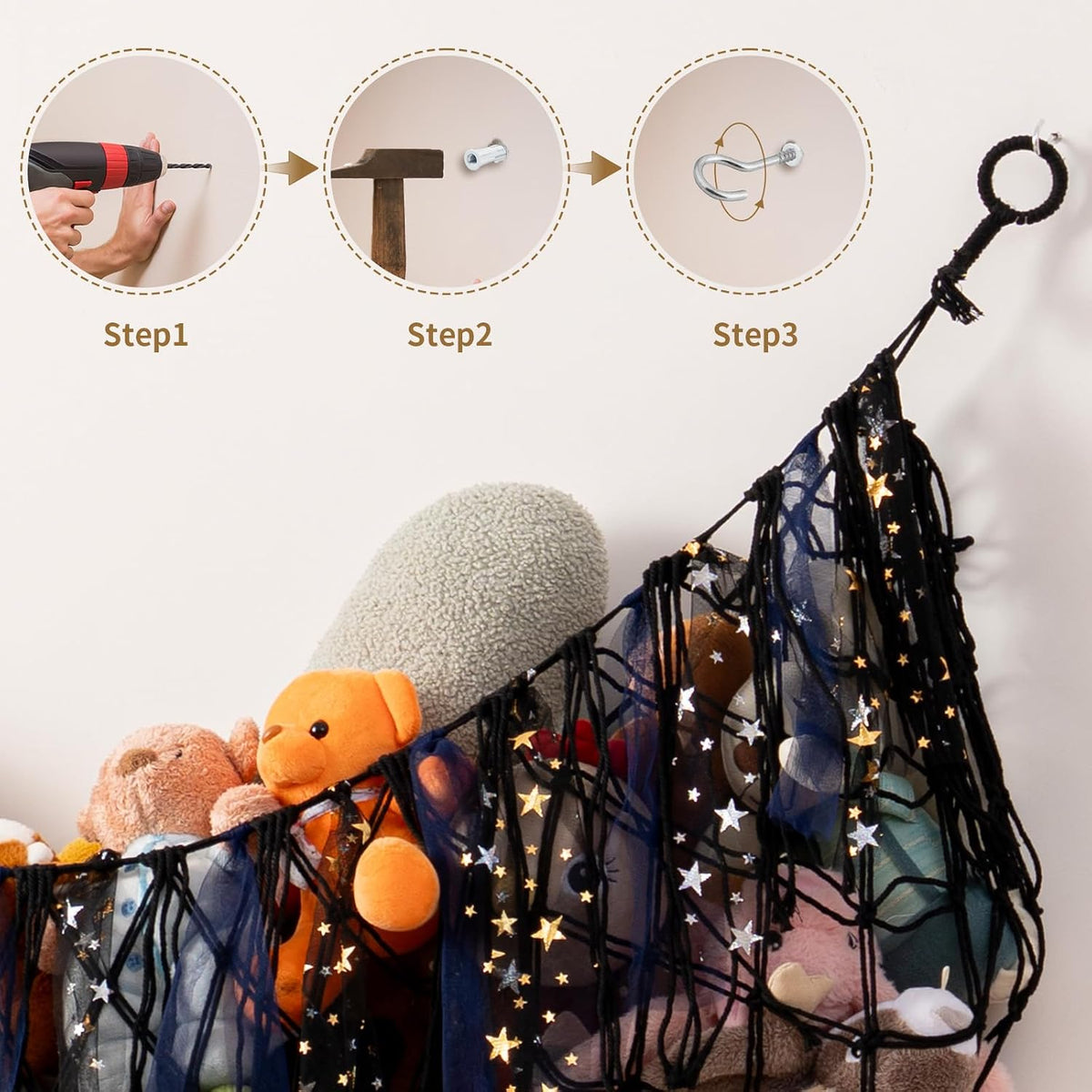 Stuffed Animal Storage Hammock, 59 Inch Wall Hanging Net, Purple