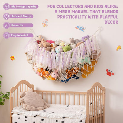 Stuffed Animal Storage Hammock, 59 Inch Wall Hanging Net, Purple