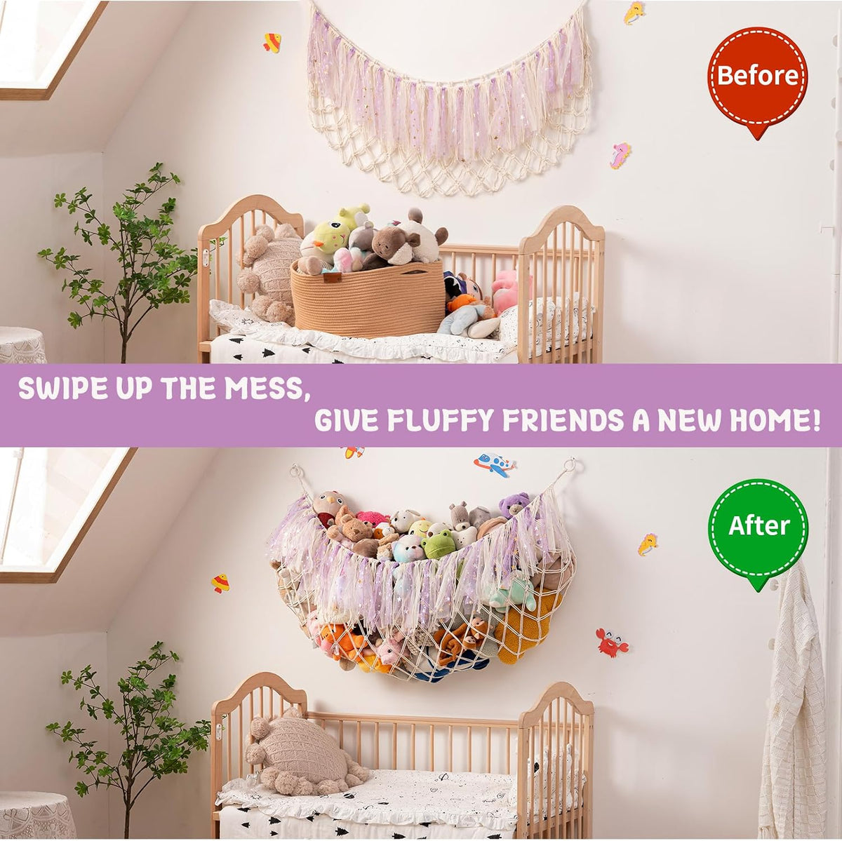 Stuffed Animal Storage Hammock, 59 Inch Wall Hanging Net, Purple