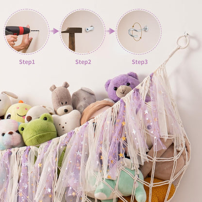 Stuffed Animal Storage Hammock, 59 Inch Wall Hanging Net, Purple