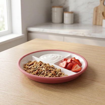 Ceramic Divided Bowl, 3 Sections Microwave Safe Serving Dish with Suction Cup, Snack Dip Divided Serving Tray for Breakfast, Dessert, Dipping Sauces