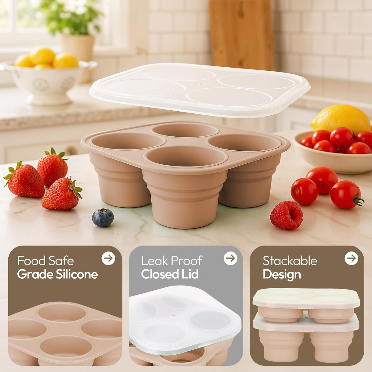 Silicone Freezer Tray with Lid - Stackable 2 oz Large Ice Cube Molds for Homemade Purees, Egg Bites, Broth Food Storage - Dishwasher Safe (Pink) - 2 Pack