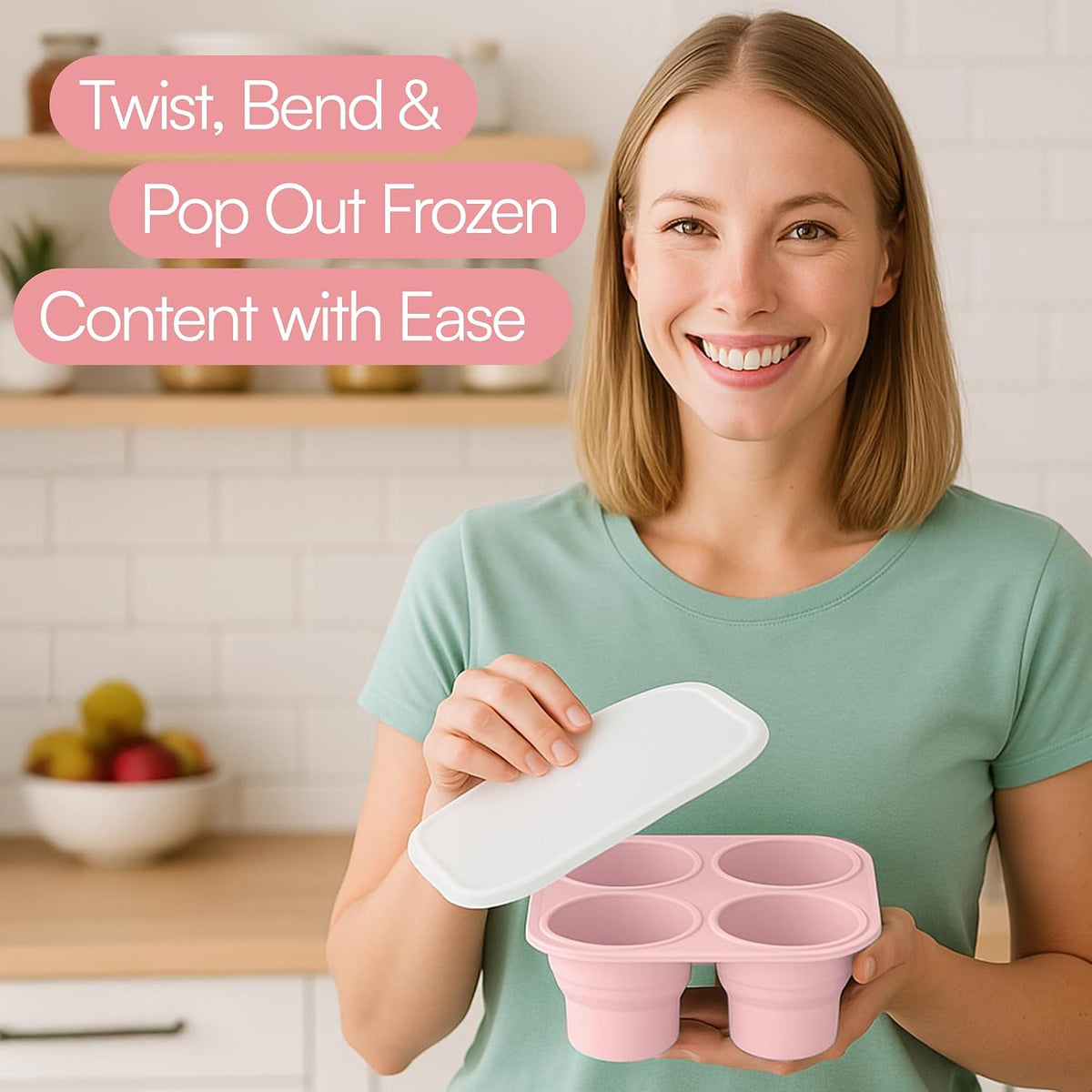 Silicone Freezer Tray with Lid - Stackable 2 oz Large Ice Cube Molds for Homemade Purees, Egg Bites, Broth Food Storage - Dishwasher Safe (Pink) - 2 Pack