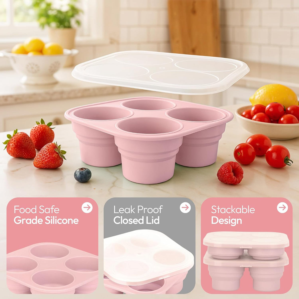 Silicone Freezer Tray with Lid - Stackable 2 oz Large Ice Cube Molds for Homemade Purees, Egg Bites, Broth Food Storage - Dishwasher Safe (Pink) - 2 Pack