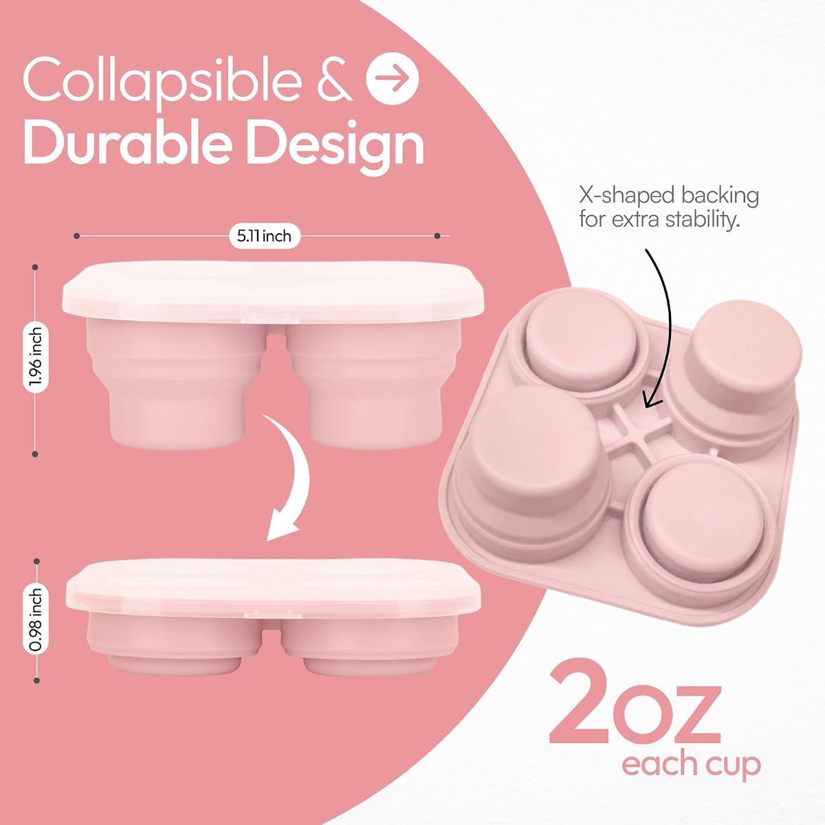 Silicone Freezer Tray with Lid - Stackable 2 oz Large Ice Cube Molds for Homemade Purees, Egg Bites, Broth Food Storage - Dishwasher Safe (Pink) - 2 Pack