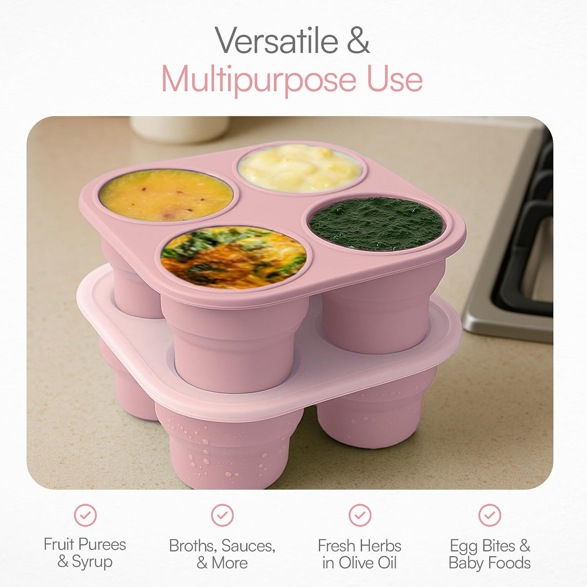 Silicone Freezer Tray with Lid - Stackable 2 oz Large Ice Cube Molds for Homemade Purees, Egg Bites, Broth Food Storage - Dishwasher Safe (Pink) - 2 Pack