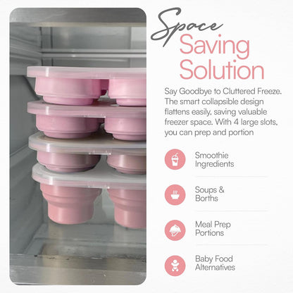 Silicone Freezer Tray with Lid - Stackable 2 oz Large Ice Cube Molds for Homemade Purees, Egg Bites, Broth Food Storage - Dishwasher Safe (Pink) - 2 Pack