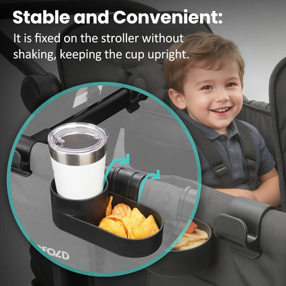 Forward-Facing Support Bar + 2-Pack Stroller Wagon Snack Tray with Spill-Proof Cup Holders - Wonderfold Accessories Compatible with WONDERFOLD W2 Elite/Luxe 2-Seater Wagons, Detachable & Easy Install