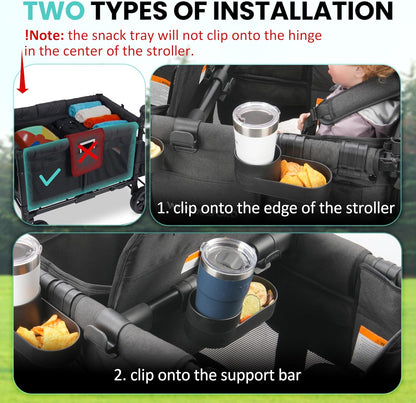 Forward-Facing Support Bar + 2-Pack Stroller Wagon Snack Tray with Spill-Proof Cup Holders - Wonderfold Accessories Compatible with WONDERFOLD W2 Elite/Luxe 2-Seater Wagons, Detachable & Easy Install