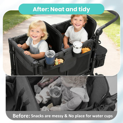 Forward-Facing Support Bar + 2-Pack Stroller Wagon Snack Tray with Spill-Proof Cup Holders - Wonderfold Accessories Compatible with WONDERFOLD W2 Elite/Luxe 2-Seater Wagons, Detachable & Easy Install