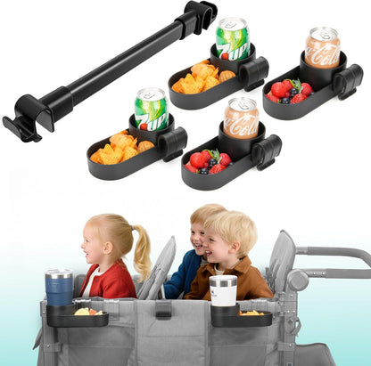 Forward-Facing Support Bar + 2-Pack Stroller Wagon Snack Tray with Spill-Proof Cup Holders - Wonderfold Accessories Compatible with WONDERFOLD W2 Elite/Luxe 2-Seater Wagons, Detachable & Easy Install