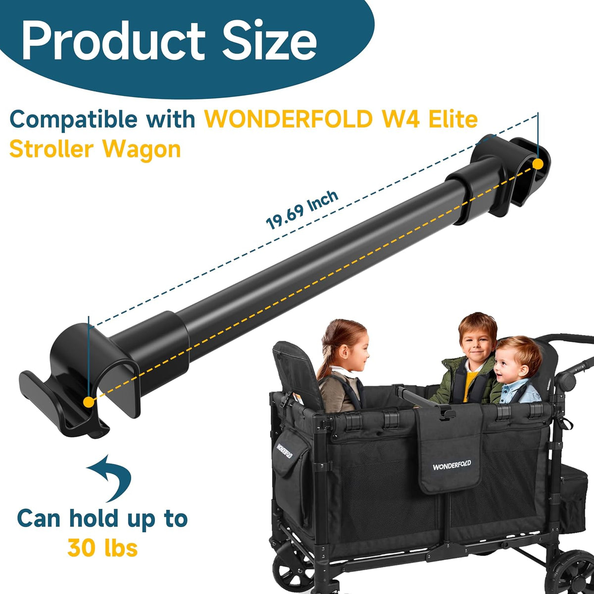 Forward-Facing Support Bar + 2-Pack Stroller Wagon Snack Tray with Spill-Proof Cup Holders - Wonderfold Accessories Compatible with WONDERFOLD W2 Elite/Luxe 2-Seater Wagons, Detachable & Easy Install