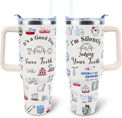 Dental Assistant 40 oz Tumbler with Handle Straw Lid Leak Proof | Travel Coffee Mug Insulated Hot Cold Ice Christmas Mothers Day Birthday Gifts for Women Dental Assistant