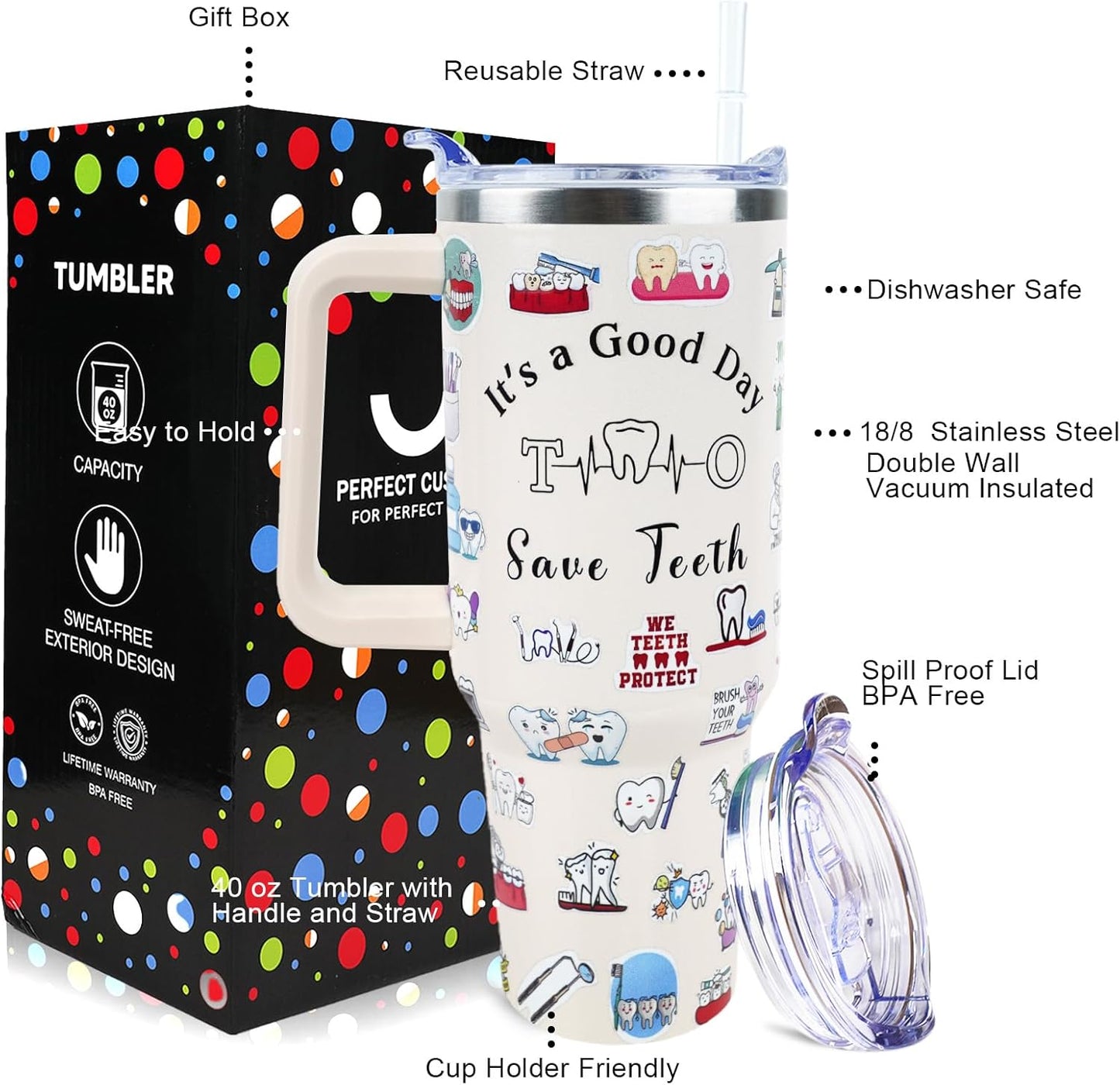 Dental Assistant 40 oz Tumbler with Handle Straw Lid Leak Proof | Travel Coffee Mug Insulated Hot Cold Ice Christmas Mothers Day Birthday Gifts for Women Dental Assistant