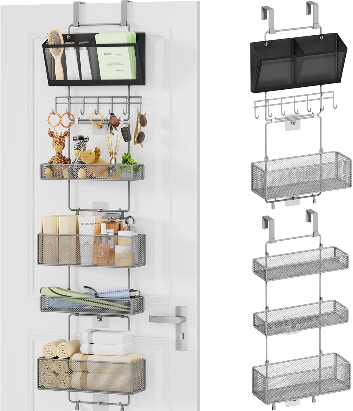 Over Door Organizer Hanging - 6 Tier Over The Door Storage with Visual Pockets & Hooks, with 4 Metal Large Capacity Baskets for Bathroom Bedroom Kitchen Pantry Cabinet