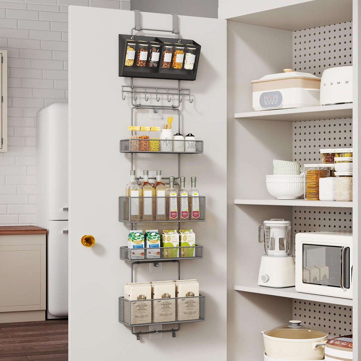 Over Door Organizer Hanging - 6 Tier Over The Door Storage with Visual Pockets & Hooks, with 4 Metal Large Capacity Baskets for Bathroom Bedroom Kitchen Pantry Cabinet