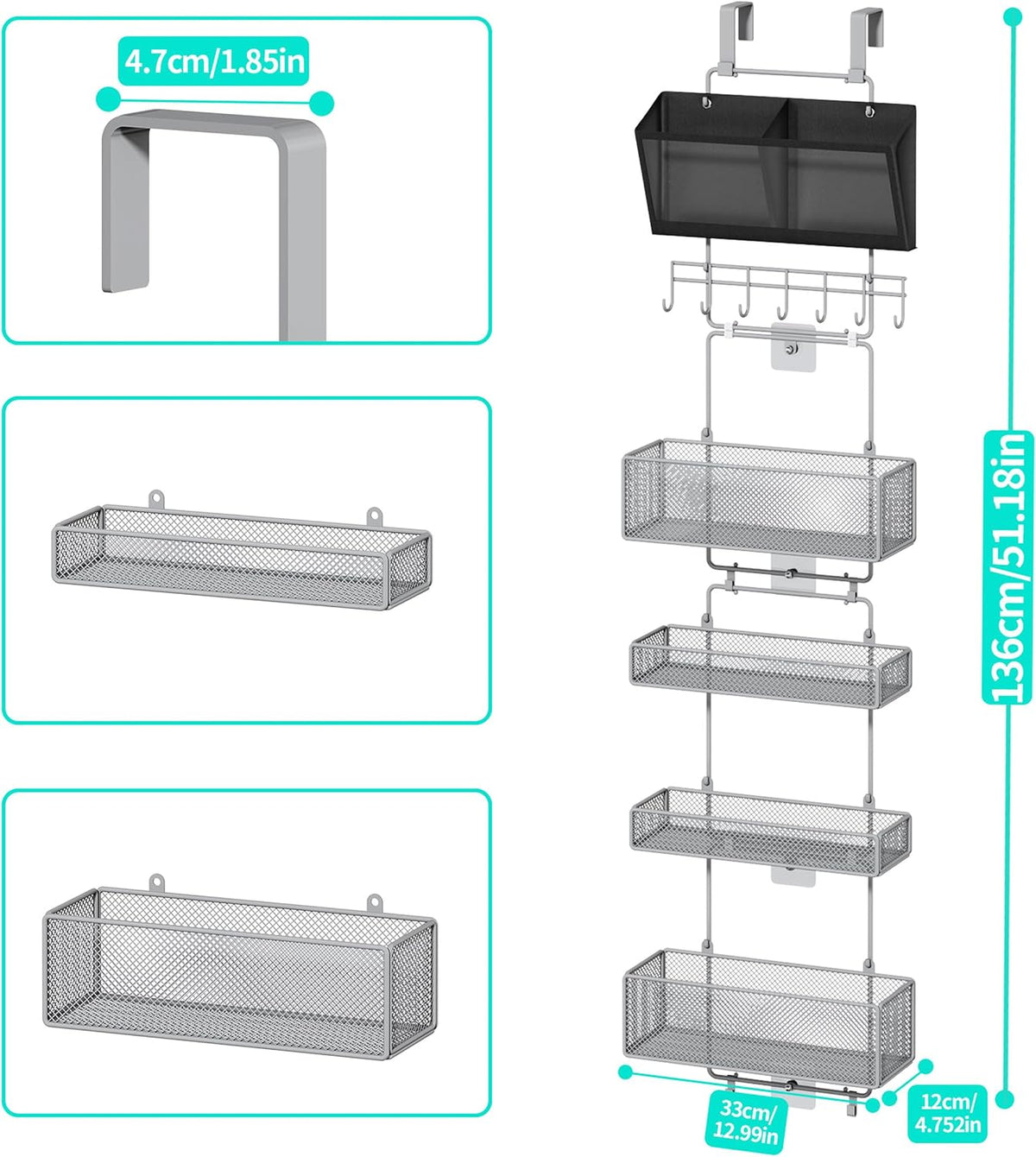 Over Door Organizer Hanging - 6 Tier Over The Door Storage with Visual Pockets & Hooks, with 4 Metal Large Capacity Baskets for Bathroom Bedroom Kitchen Pantry Cabinet