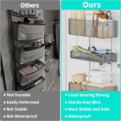 Over Door Organizer Hanging - 6 Tier Over The Door Storage with Visual Pockets & Hooks, with 4 Metal Large Capacity Baskets for Bathroom Bedroom Kitchen Pantry Cabinet