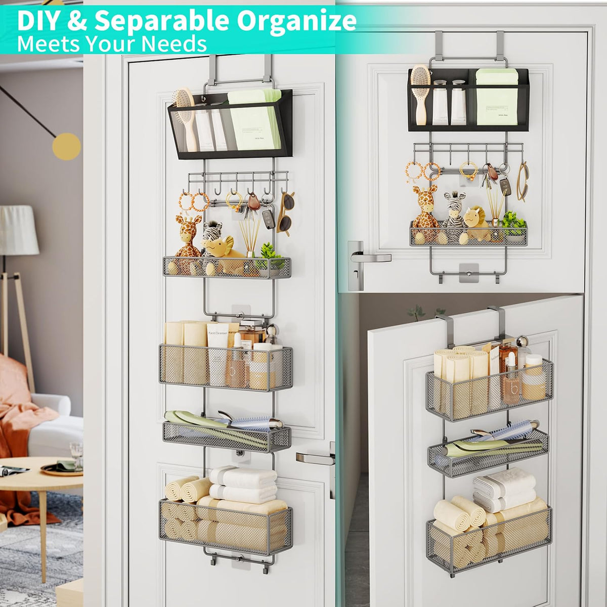 Over Door Organizer Hanging - 6 Tier Over The Door Storage with Visual Pockets & Hooks, with 4 Metal Large Capacity Baskets for Bathroom Bedroom Kitchen Pantry Cabinet