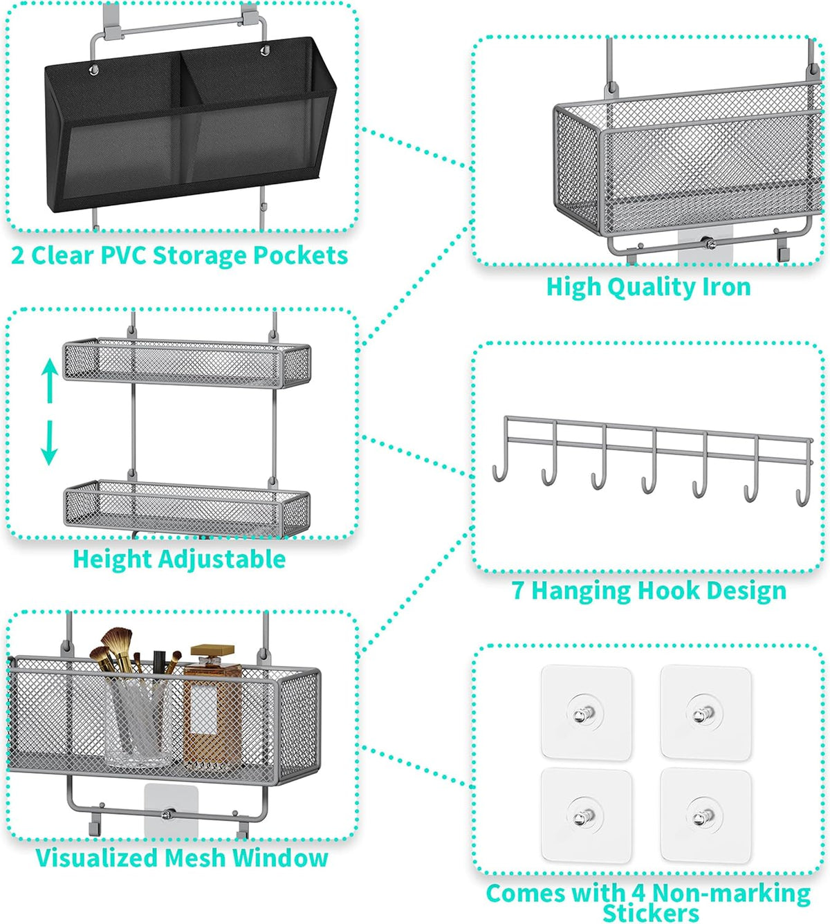 Over Door Organizer Hanging - 6 Tier Over The Door Storage with Visual Pockets & Hooks, with 4 Metal Large Capacity Baskets for Bathroom Bedroom Kitchen Pantry Cabinet