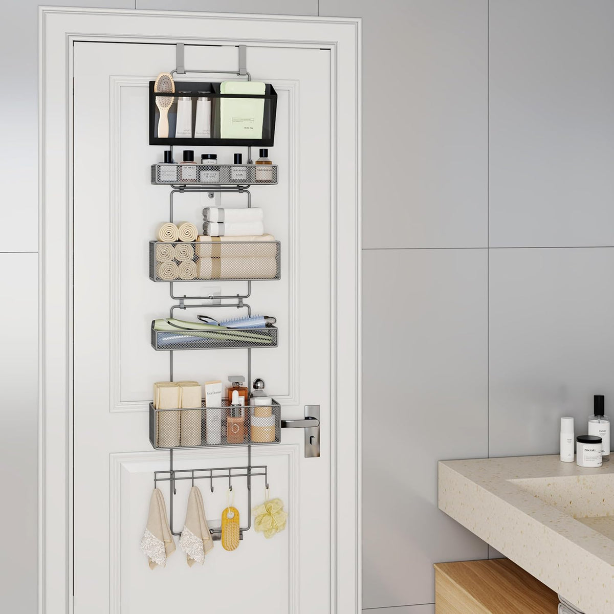 Over Door Organizer Hanging - 6 Tier Over The Door Storage with Visual Pockets & Hooks, with 4 Metal Large Capacity Baskets for Bathroom Bedroom Kitchen Pantry Cabinet