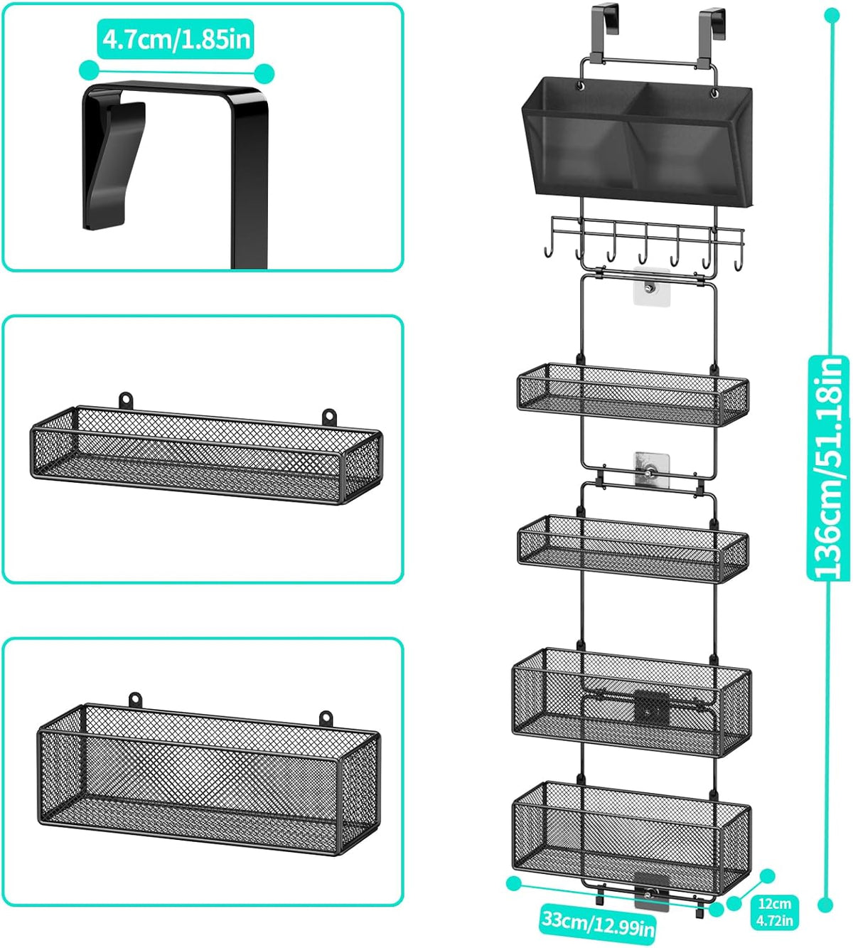 Over Door Organizer Hanging - 6 Tier Over The Door Storage with Visual Pockets & Hooks, with 4 Metal Large Capacity Baskets for Bathroom Bedroom Kitchen Pantry Cabinet