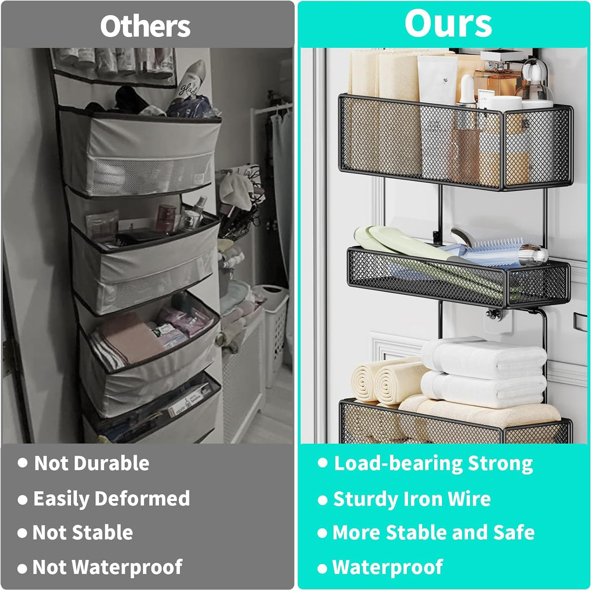 Over Door Organizer Hanging - 6 Tier Over The Door Storage with Visual Pockets & Hooks, with 4 Metal Large Capacity Baskets for Bathroom Bedroom Kitchen Pantry Cabinet