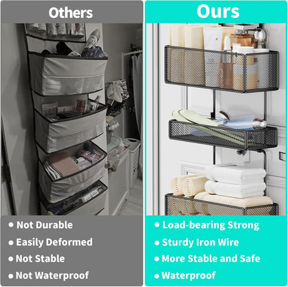 Over Door Organizer Hanging - 6 Tier Over The Door Storage with Visual Pockets & Hooks, with 4 Metal Large Capacity Baskets for Bathroom Bedroom Kitchen Pantry Cabinet