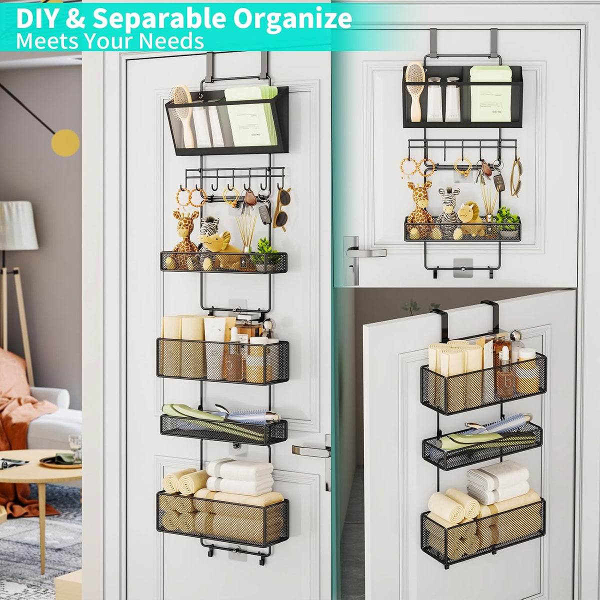 Over Door Organizer Hanging - 6 Tier Over The Door Storage with Visual Pockets & Hooks, with 4 Metal Large Capacity Baskets for Bathroom Bedroom Kitchen Pantry Cabinet